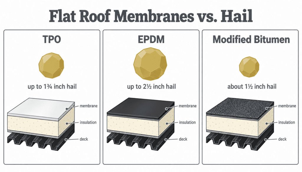 Cross-section comparison of TPO, EPDM and modified bitumen roof membranes with their hail size ratings