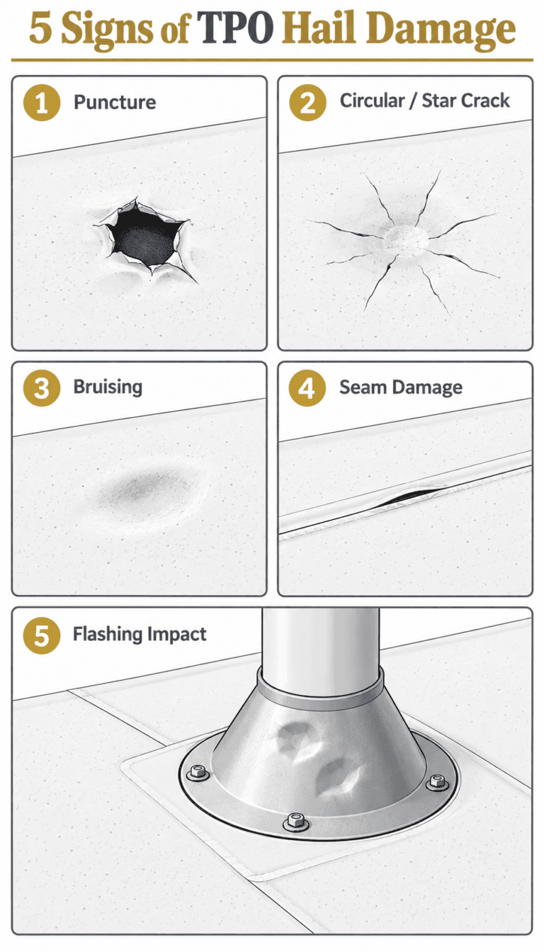 Five signs of hail damage on a TPO roof: puncture, circular crack, bruising, seam separation and dented flashing