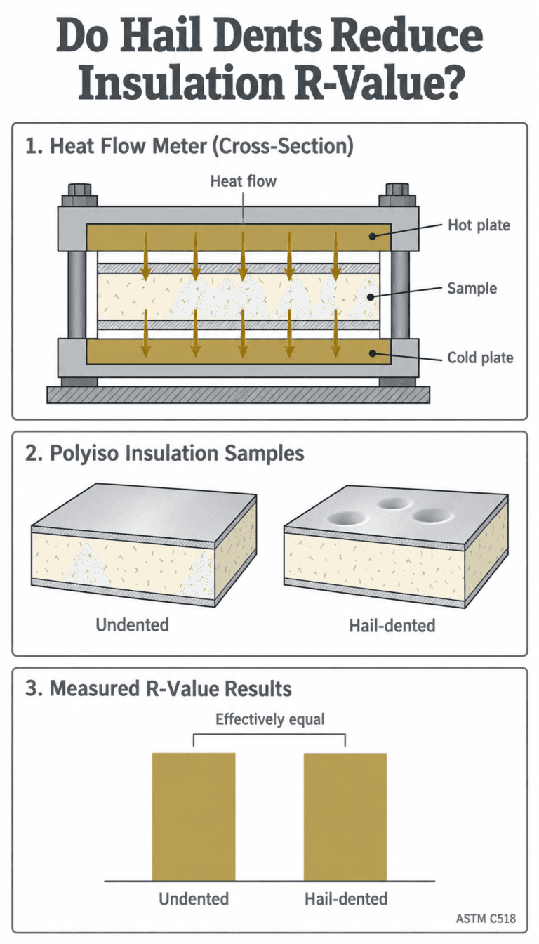 Heat flow meter test comparing R-value of dented and undented polyiso insulation samples under ASTM C518