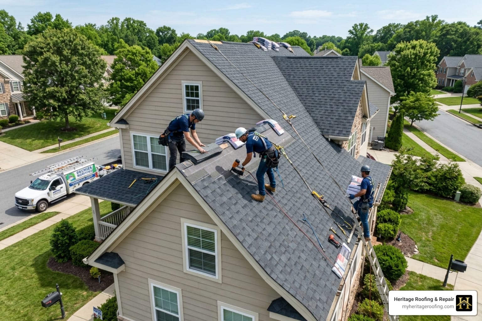 Professional roofing company installing architectural shingles on a residential home - Professional roofing company