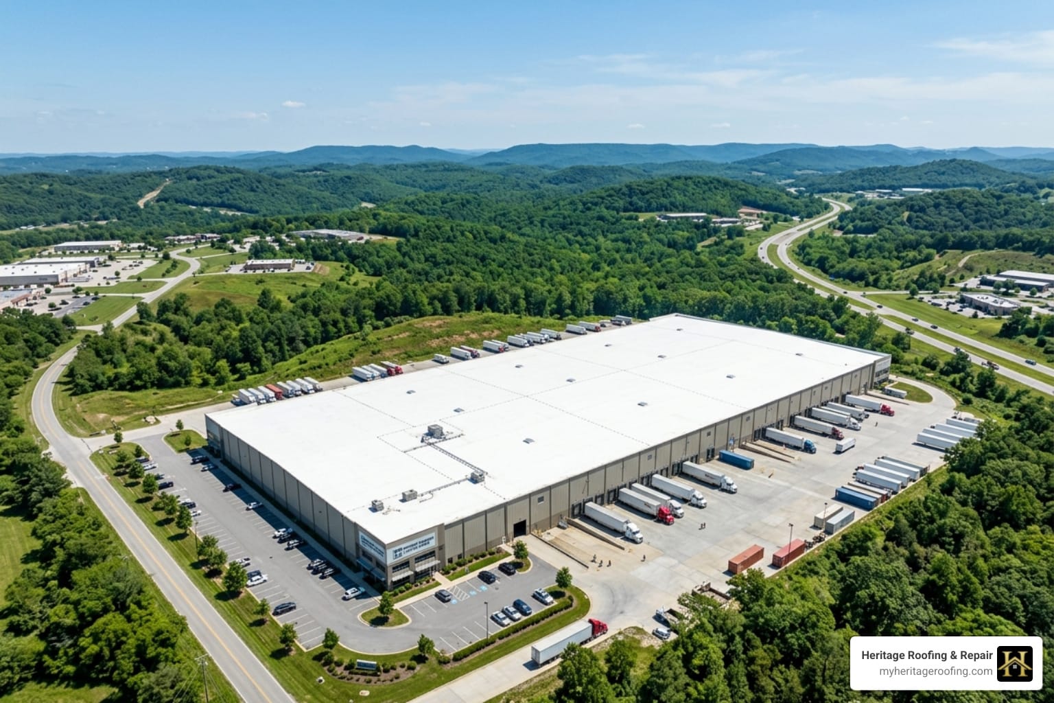 Northwest Arkansas commercial TPO roofing on modern warehouse - Northwest Arkansas commercial TPO roofing