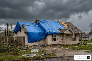 Emergency roof tarping on a storm-damaged residential home - Emergency roof tarping
