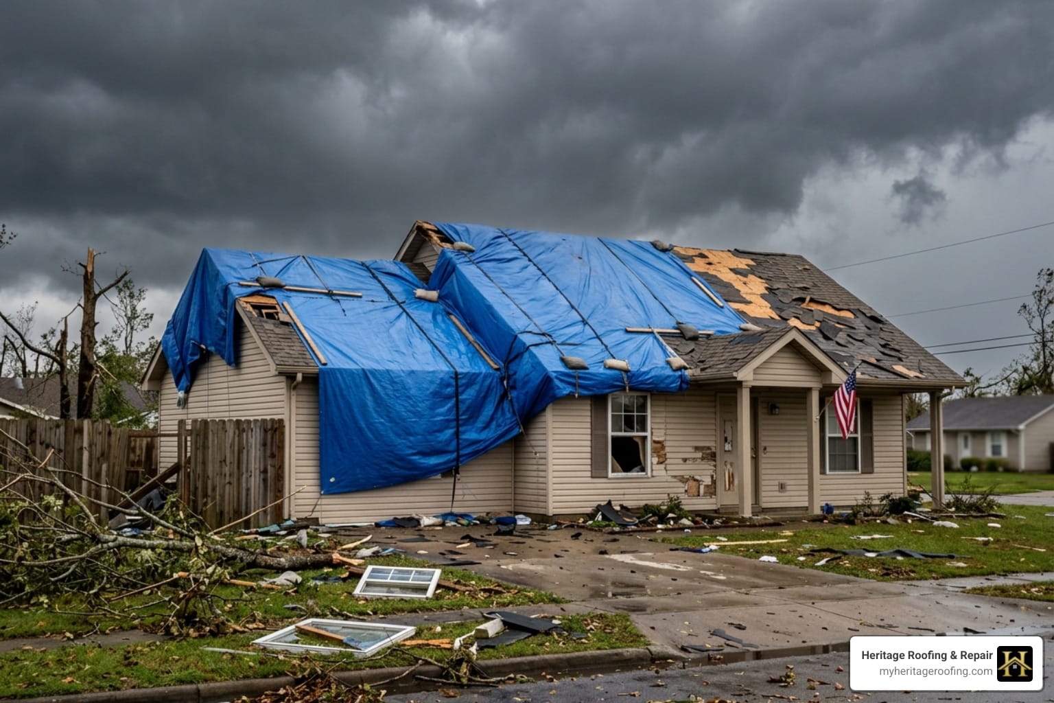 Emergency roof tarping on a storm-damaged residential home - Emergency roof tarping